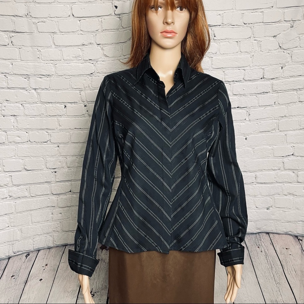 Worthington Stretch Black Stripes Blouse Shirt Size 8